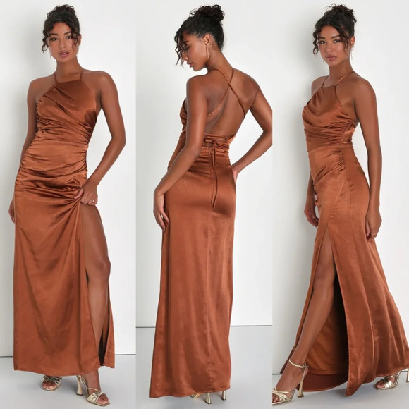 Lulus Purposefully Posh Bronze Satin Ruched Backless Maxi Dress XS Wedding Party - Picture 1 of 10